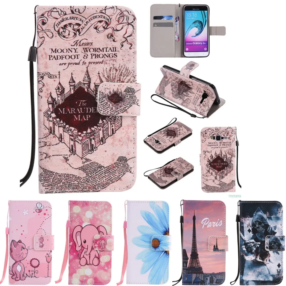 Мода Ретро Печать Кожа Case Стенд PU Бумажник Откидная Крышка for Samsung Galaxy J3 J310 J320 2015 2016