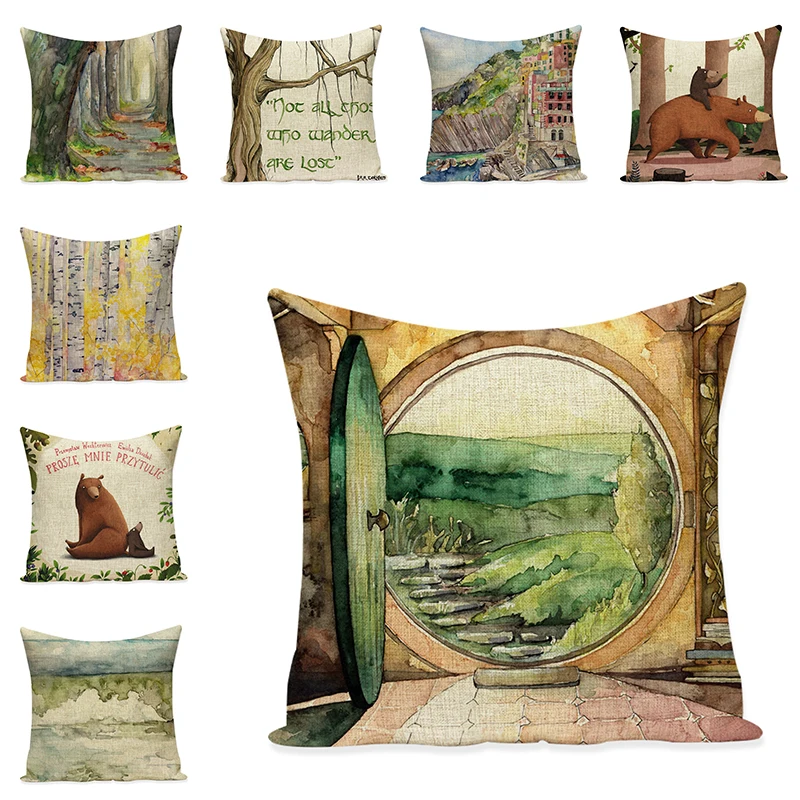 Живописная наволочка для подушки Льняные Декоративные Чехлы на подушку медведь