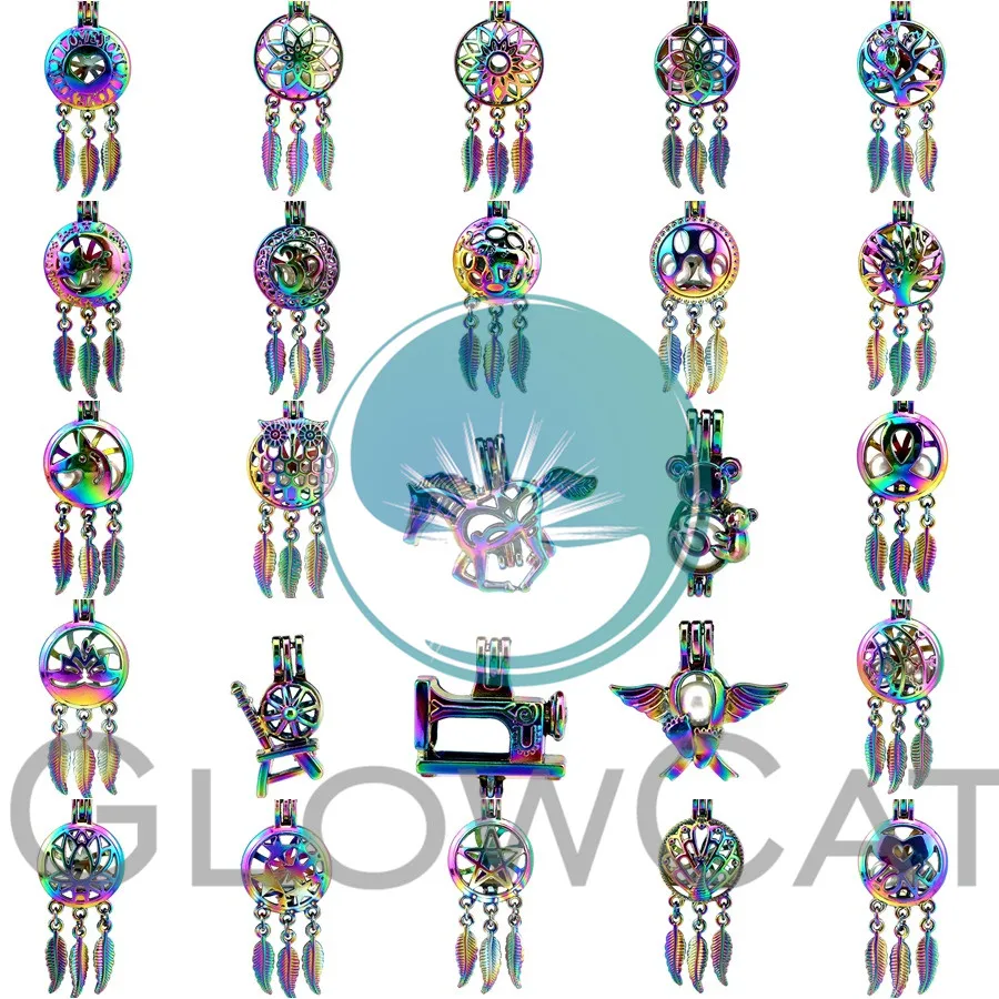 

1X Rainbow Dream Catcher Peacock Paw Print Beads Cage Essential Oil Diffuser Oyster Pearl Cage Locket for Pendant