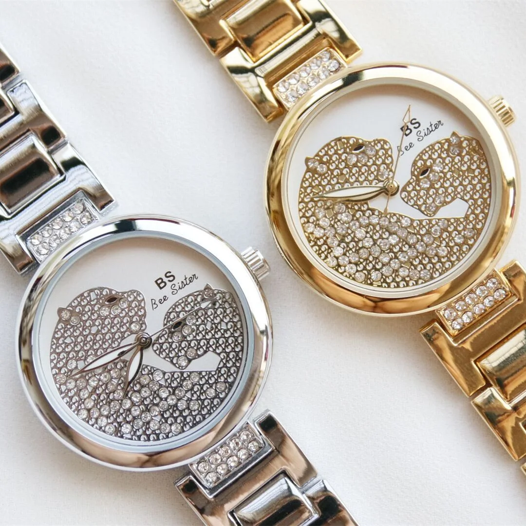 BS Роскошные брендовые Сталь женщин diamond часы Леди Кристалл Leopard горный хрусталь