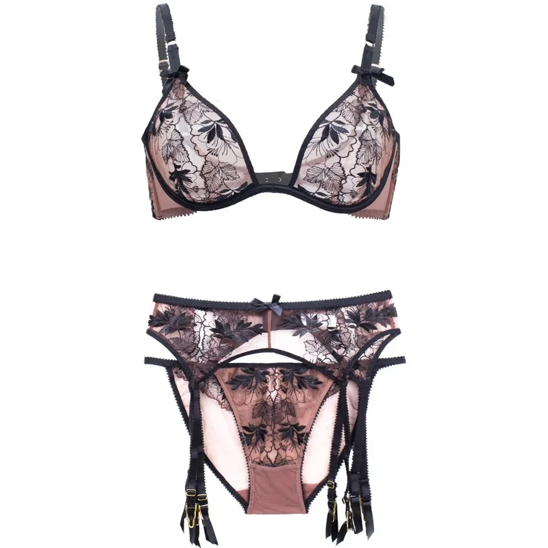 Bra Panties Garters TERMEZY женское нижнее белье комплект пикантного женского белья бюстгальтер короткие наборы пуш-ап прозрачное кружево Вышивка без подкладки тонкое нижнее белье porno - Цвет: Bra Panties Garters