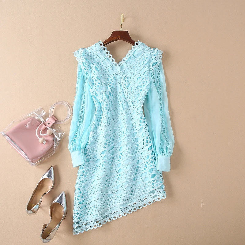 Женское асимметричное кружевное платье с длинным рукавом V_neck короткое выше