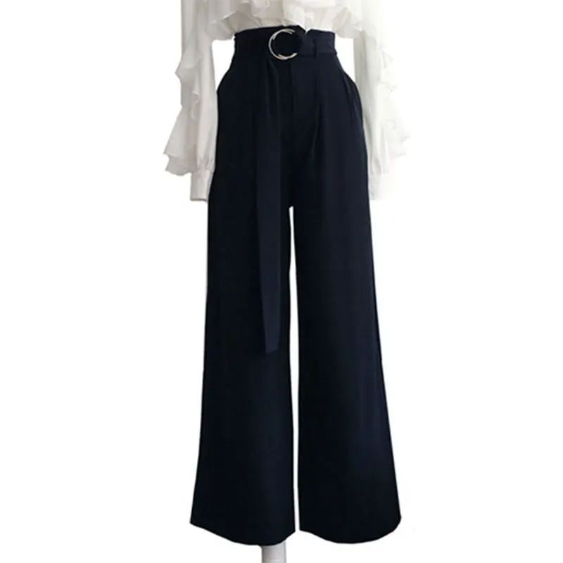 

New 2019 Summer Office OL 2PCS Set Women Long Flare Sleeve Chiffon Ruffles Bowknot Shirt + High Waist Belt Wide-Leg Trousers Set