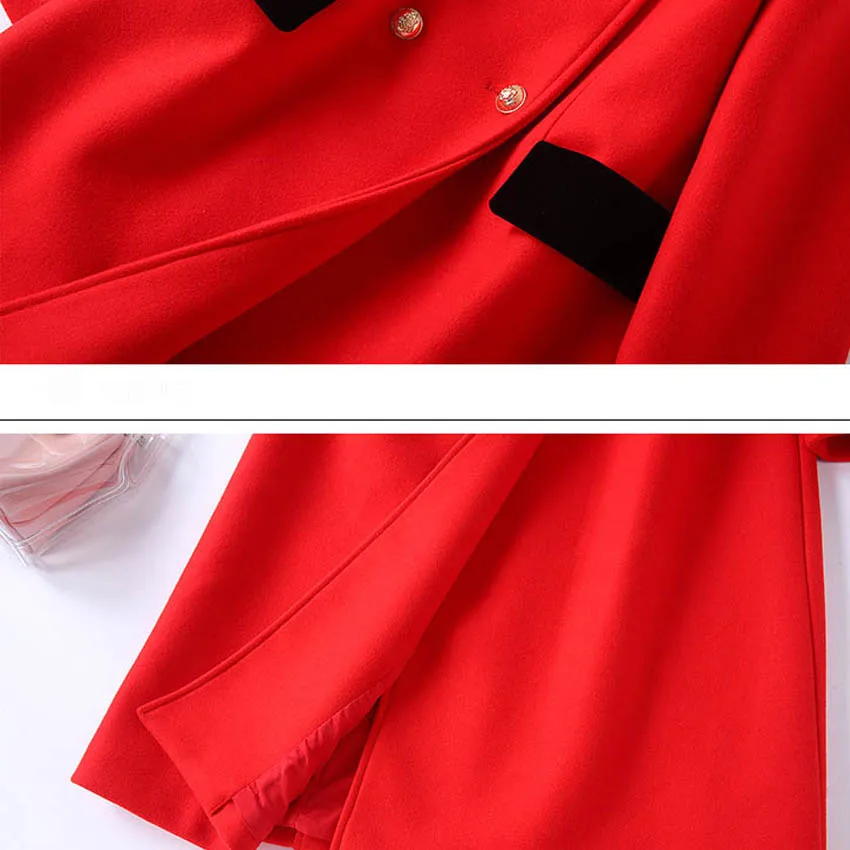 

X-long black and red color block wool coat women slim double breasted woolen outerwear 2019 autumn winter
