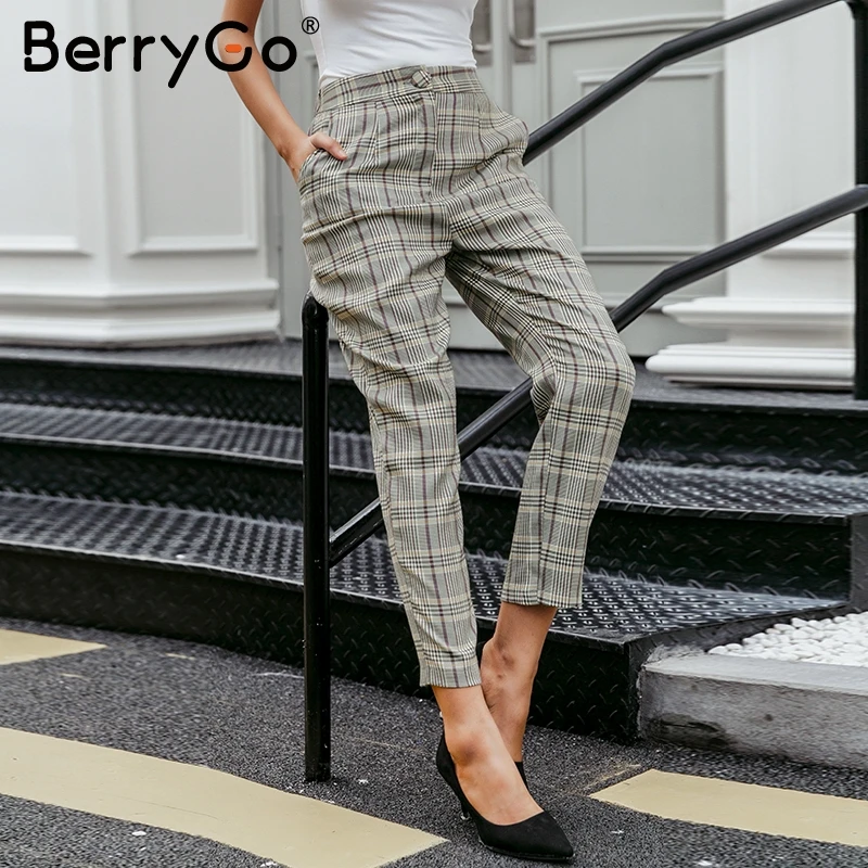 Женский клетчатый Блейзер BerryGo Элегантные повседневные брюки с высокой талией