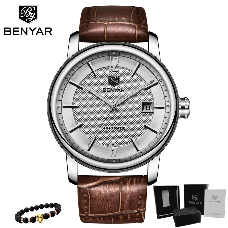Leather-Silver white BENYAR Новая мода Топ люксовый бренд кожаные часы Автоматические Мужские часы Мужские механические стальные часы Relogio Masculino - Цвет: Leather-Silver white