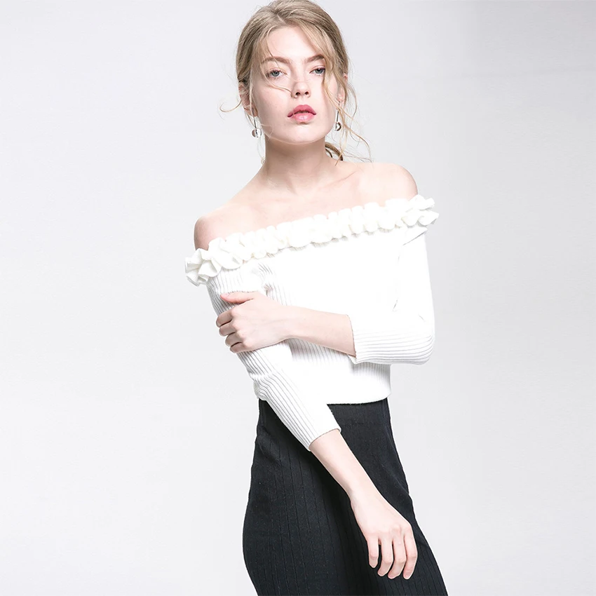 Glouphant Autumn Sexy Slash Neck Top Strapless Sweater Women Blouse Ruched Irregular Off Shoulder Women's Pullover Tops | Женская