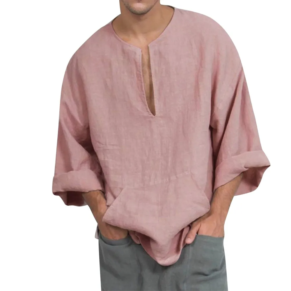 Новинка 2019 мужская хлопковая и льняная свободная футболка с длинными рукавами v