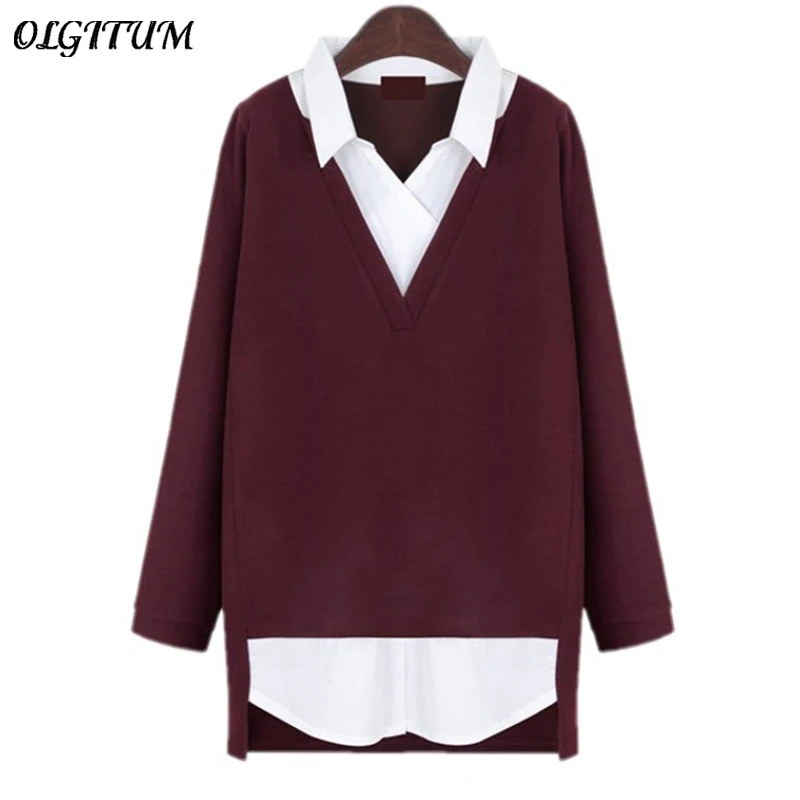 Новинка 2019 женские топы рубашка с имитацией двух частей свитер отложным