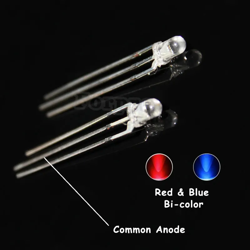 

100pcs 3mm Round Bicolor Light-Emitting Diode Blue Red Common Anode Transparent
