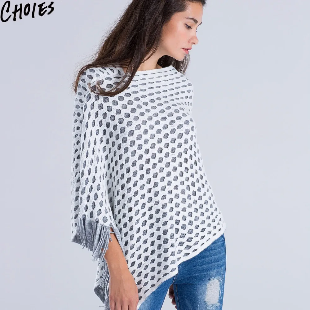 CHOIES женское Вязаное пончо с кисточками белое вырезами вязанное крючком