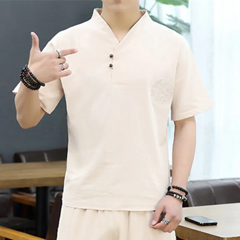 

Brand linen Clothing 5 colors V neck Men's T Shirt Men Fashion Tshirts Vintage Casual For Male T-shirt M-9XL Chinese style