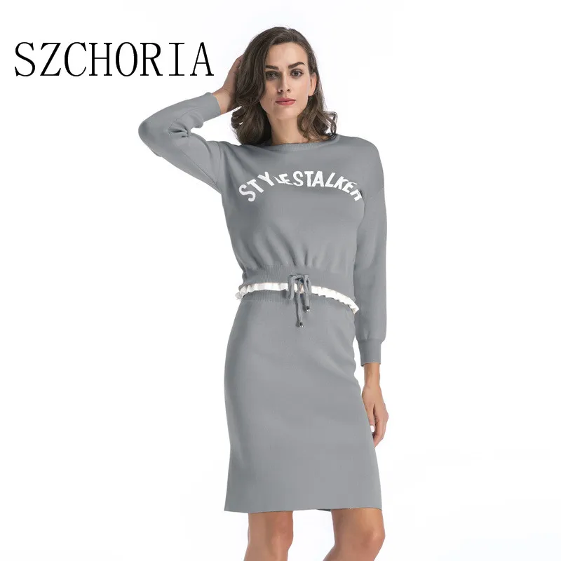SZCHORIA новое поступление женское платье 2 шт. с длинным рукавом модный свитер осень