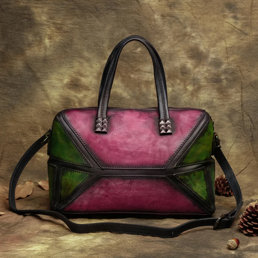 Женская сумка из натуральной кожи с вставками ручной работы ручками сумки на