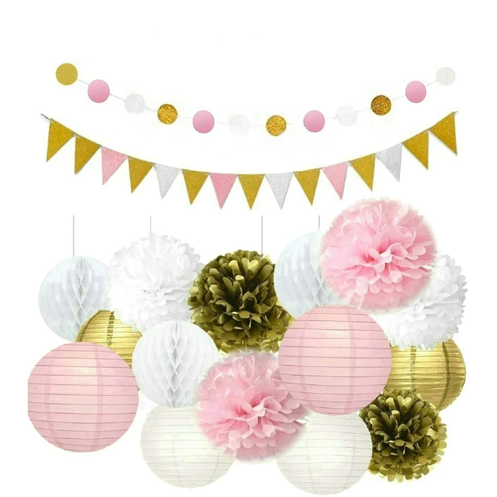 Набор из 17 розовых золотых Белых Бумажных помпонов гирлянда в горошек
