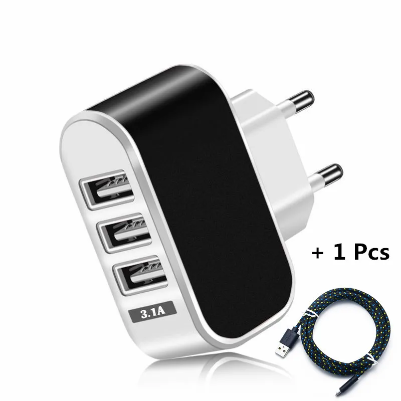 Зарядное устройство USB с 3 портами, 5 В, 2 А, сетевой адаптер питания USB для путешествий, зарядное устройство для телефона европейского стандарта для iPhone 11 Pro Max Xiaomi Mi note 10 Pro, зарядка - Тип штекера: Black With Cable
