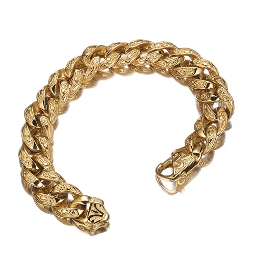 Gold Color 15 мм литье Снаряженная кубинская звено цепи Уникальный серебряный золотой черный цвет браслет для байкеров мужчин нержавеющая сталь браслет ювелирные изделия 9" - Окраска металла: Gold Color