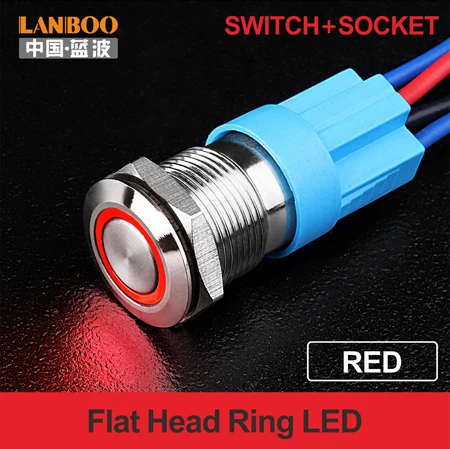 RED (FLAT RING) LANBOO 12 мм водонепроницаемый выключатель без фиксации металлический дверной Звонок кнопочный переключатель светодиодный с переключателем и разъемом - Цвет: RED (FLAT RING)