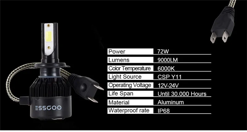 Essgoo C7 автомобильный H7 светодиодный H4 H1 H11 фара 72 Вт 9000лм 6000 К лампочки IP68 12 в 24 В CSP светодиодный автомобильный Головной фонарь 2 шт
