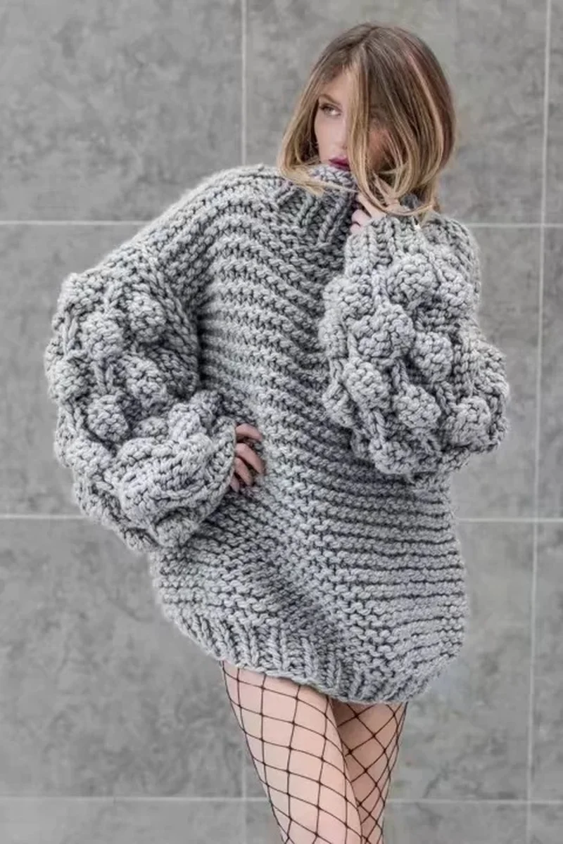 2018 Women Winter Handmade Knitted Sweater Thick Knit Casual Outwear Warm Coats Gray Lantern Sleeve Pullover Jumper | Женская одежда