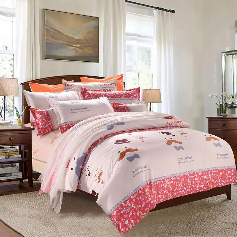Fashion Flowers Printing Blue Bedding Set Pink Linen Cotton Bed Sheet Home Comfortable Bedspread Duvet Cover Summer | Дом и сад