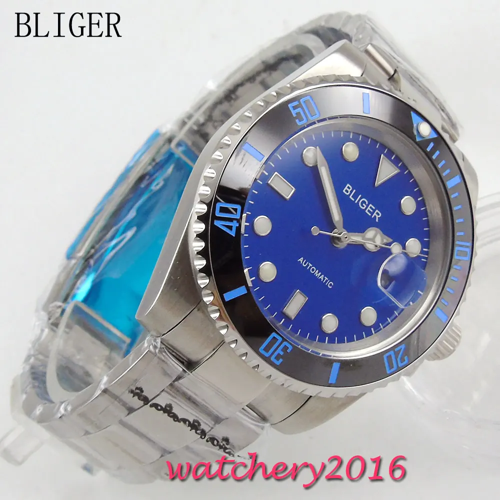 

40mm Bliger blue Dial Sapphire Glass simple Stainless Steel Date adjust ceramic bezel Luminous Men's Automatic Mechanical Watch