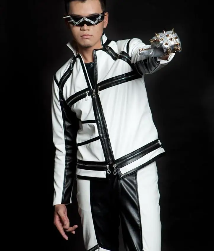 Мужская короткая куртка из искусственной кожи черная белая для мотоциклов |