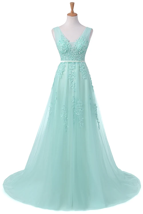 Robe De Soiree SSYFashion сексуальные длинные вечерние платья с открытой спиной для невесты элегантное банкетное зеленое кружевное вечернее платье с v-образным вырезом - Цвет: mint green
