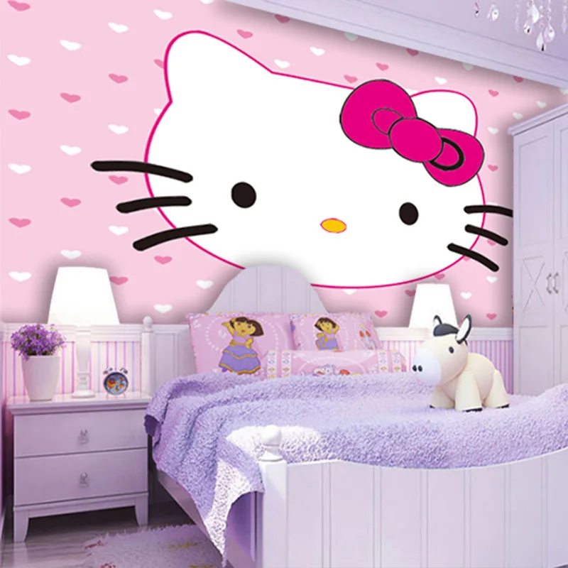 

Lovely Kitty Cat Wallpaper Custom Photo Wallpaper Cartoon Wall Mural Pink Girl's room Waterproof Silk Art Room Decor Bedroom