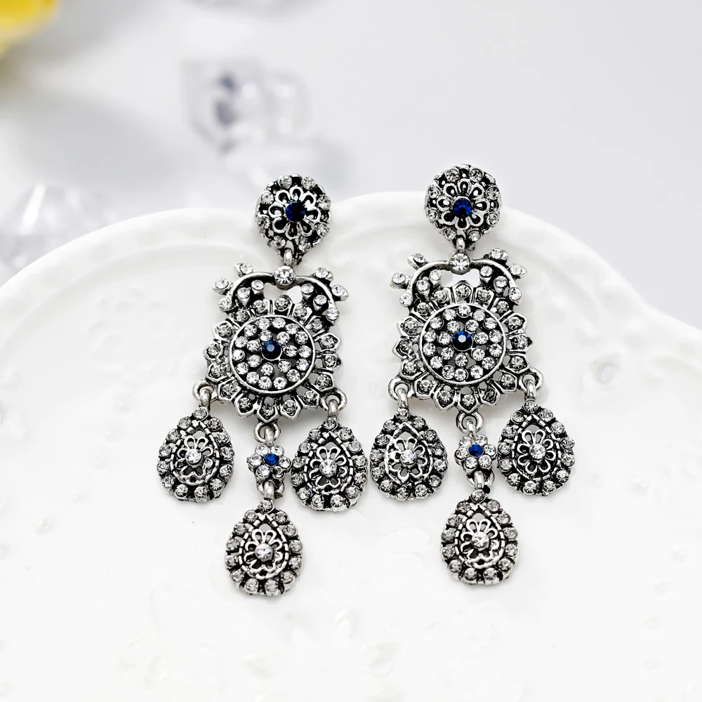 Retro Stud Earrings with Blue Rhinestone Alloy Drop Dangle Jewelry for Women | Украшения и аксессуары