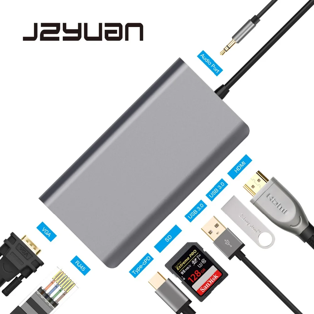 JZYuan USB C концентратор к HDMI 4K VGA Ethernet PD Thunderbolt 3 адаптер для Macbook Pro Samsung S9 Huawei P20 HUB