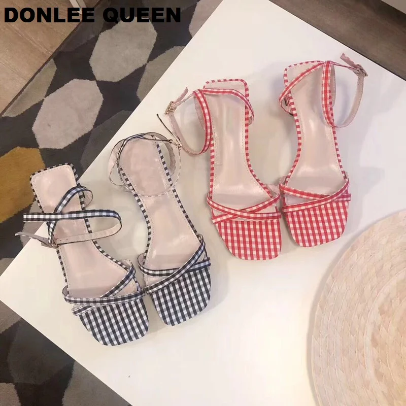 2019 Fashion Plaid Fabric Narrow Band Cross Women Sandals Square Heel Ladies Concise Summer Shoes Ankle Strap Back | Обувь