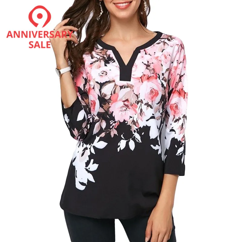 Женские блузки и топы с цветочным принтом повседневные свободные v-образным