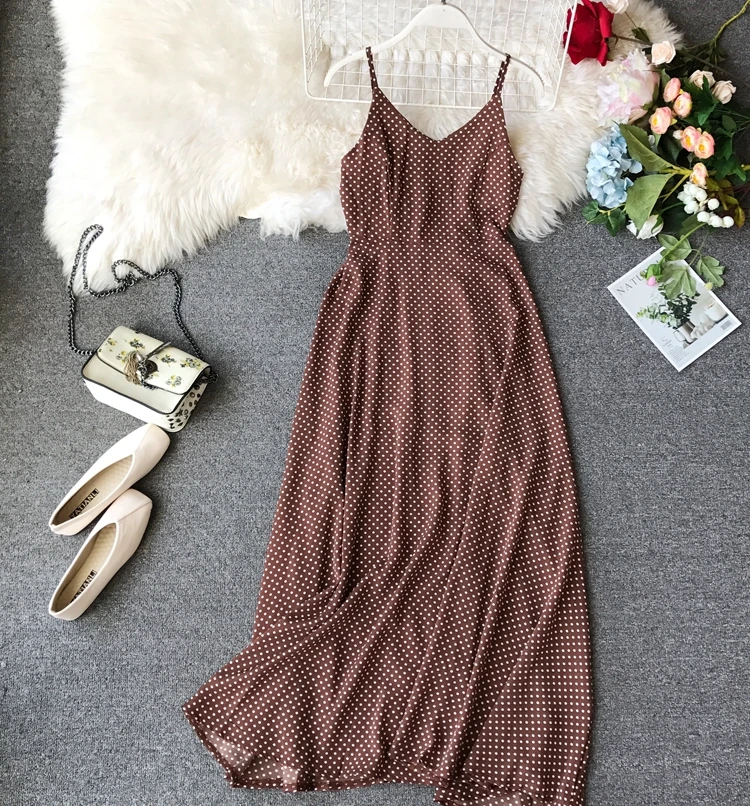 Летнее Бохо длинное платье женское с v-образным вырезом в горошек открытой спиной