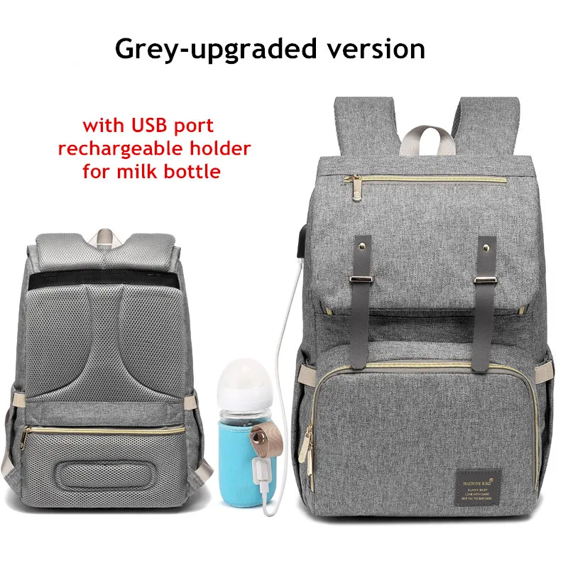 Модная сумка для подгузников, Usb интерфейс, большая емкость, рюкзак для мам, сумка для подгузников, водонепроницаемая сумка для детских колясок для мам - Цвет: Grey-upgraded