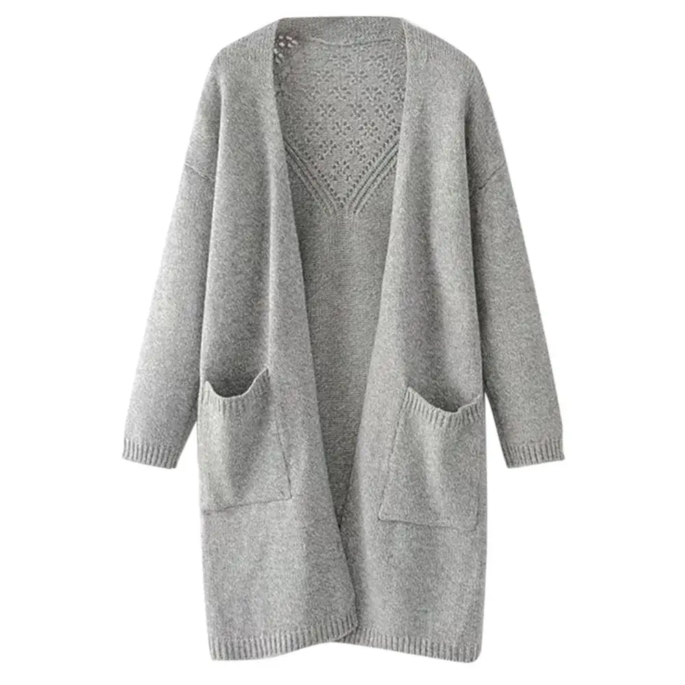 Autumn and Winter Women's Back Hollow-out Midi-length Big Pocket Knitted Cardigan |