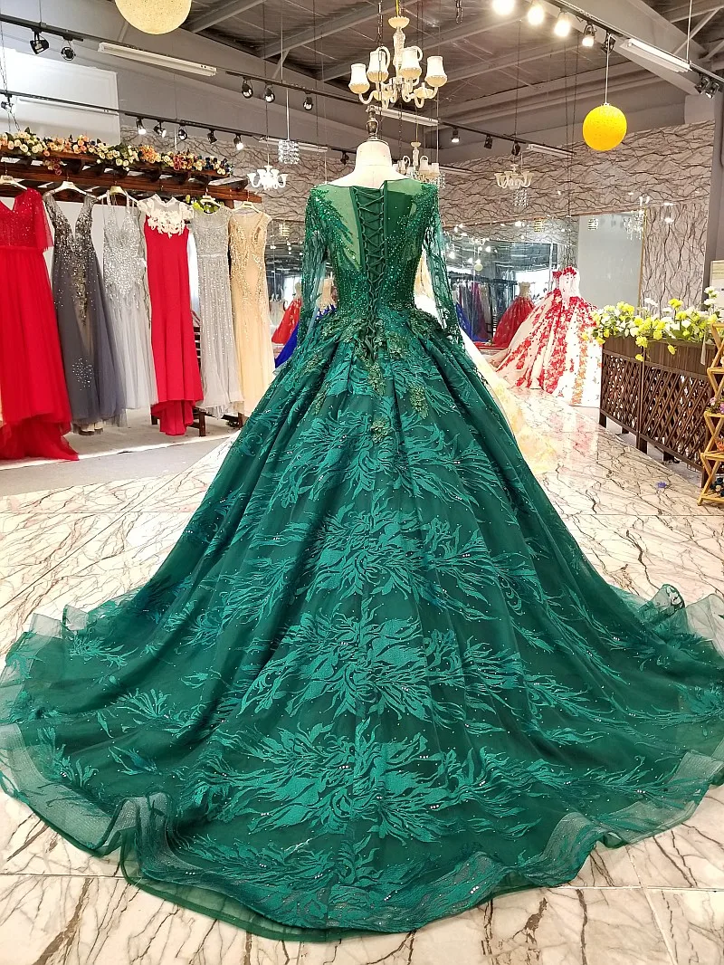 Скромное зеленое кружевное Пышное Платье для бала-маскарада с длинным рукавом и