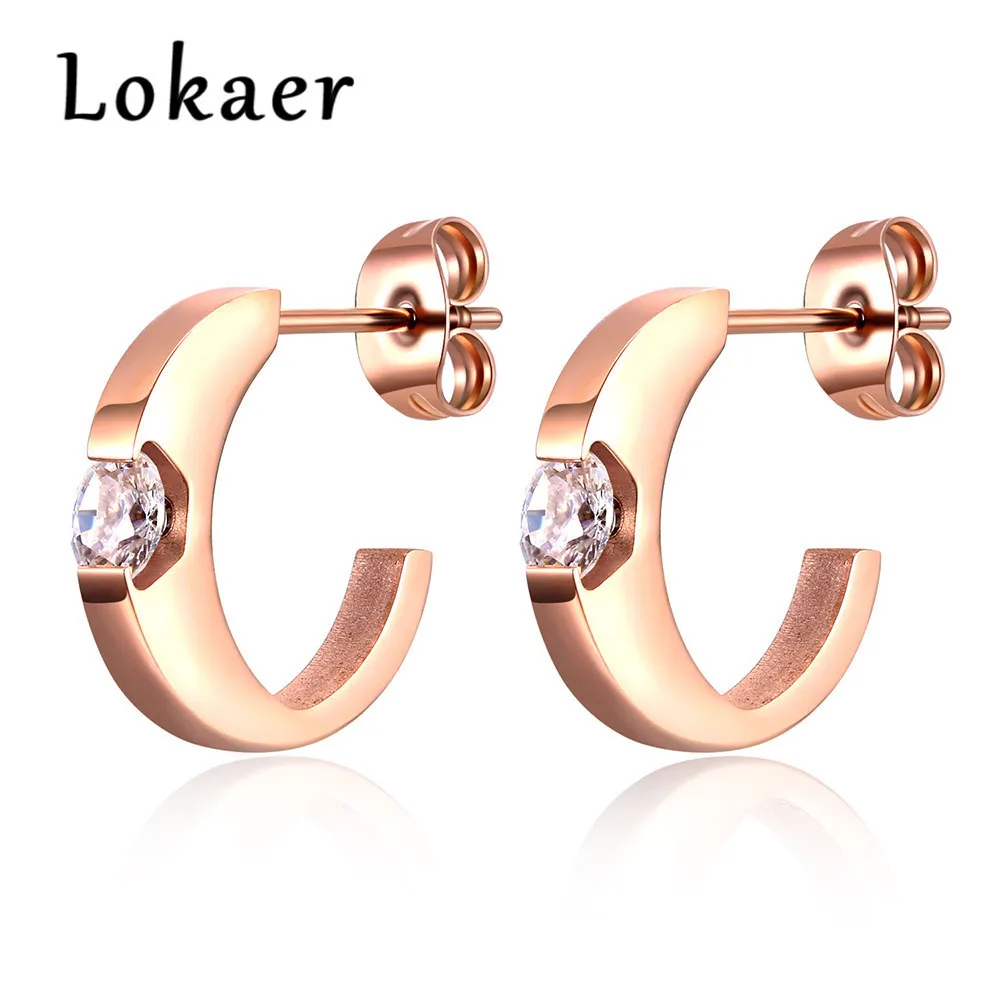 Lokaer, трендовый дизайн C, инкрустация, CZ Кристалл, нержавеющая сталь, серьги-гвоздики для женщин, розовое золото, серьги, ювелирные изделия, аксессуары, подарок E18476