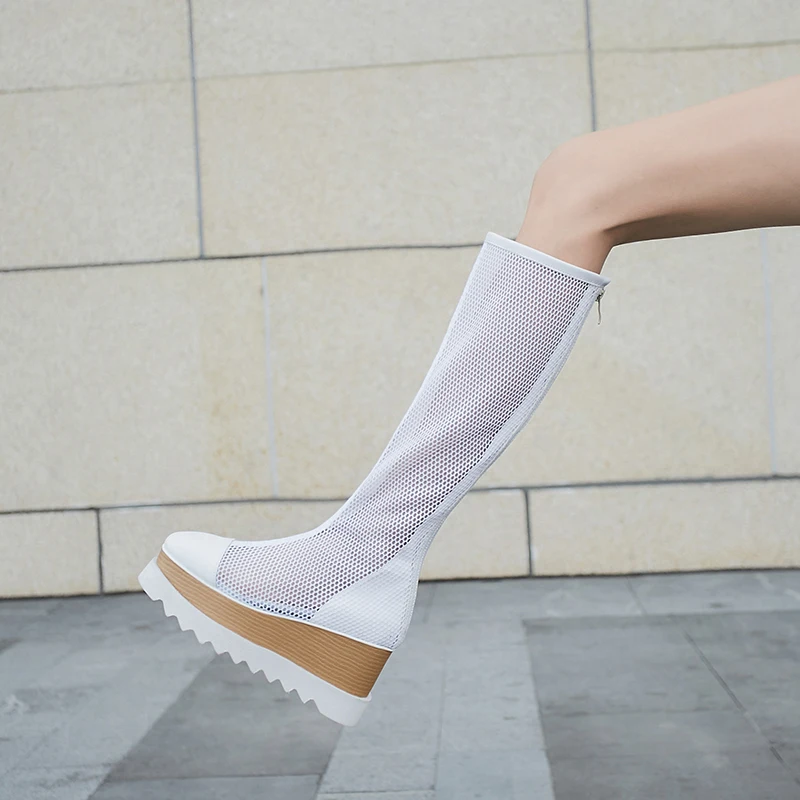 

WETKISS Wedges Platform Boots White Knee High Summer Boots Mesh Women High Heels Shoes Female Casual Zip Cow Leather Shoes Woman