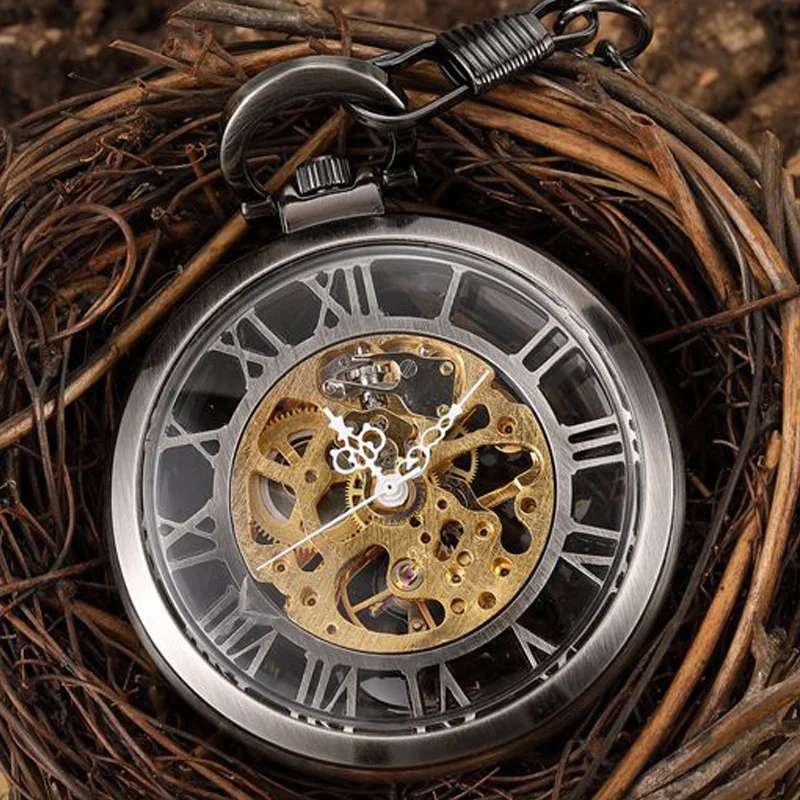 

Retro Transparent Glass Hand Wind Mechanical Pocket Watch Hollow Roman Numerals Dial Antique Skeleton Fob Chain Watch Men's Gift