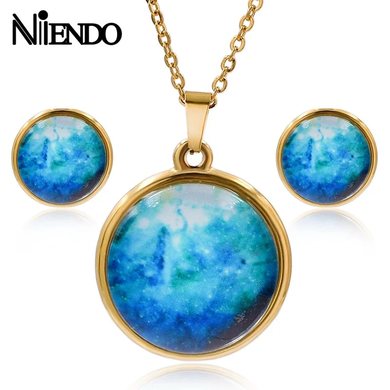 NIENDO Present Hot sale Fashion Women Stainless Steel solar eclipse Glass ball of universe sights pendant earrings Jewelry Sets | Украшения
