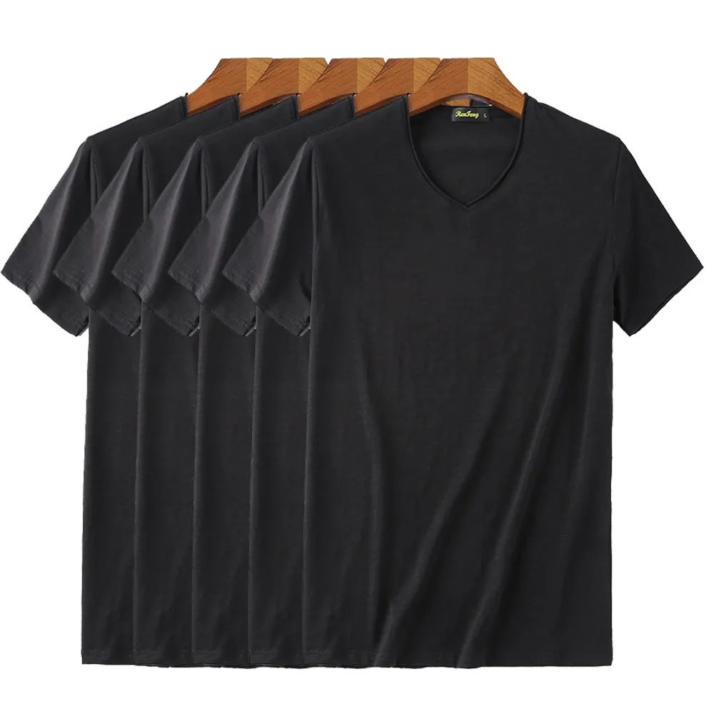 V-neck black Упаковка из 5 штук в партии, Прямая, Футболка мужская летняя 95% бамбуковая хлопковая Однотонная футболка мужская повседневная футболка мужские рубашки с коротким рукавом - Цвет: V-neck black