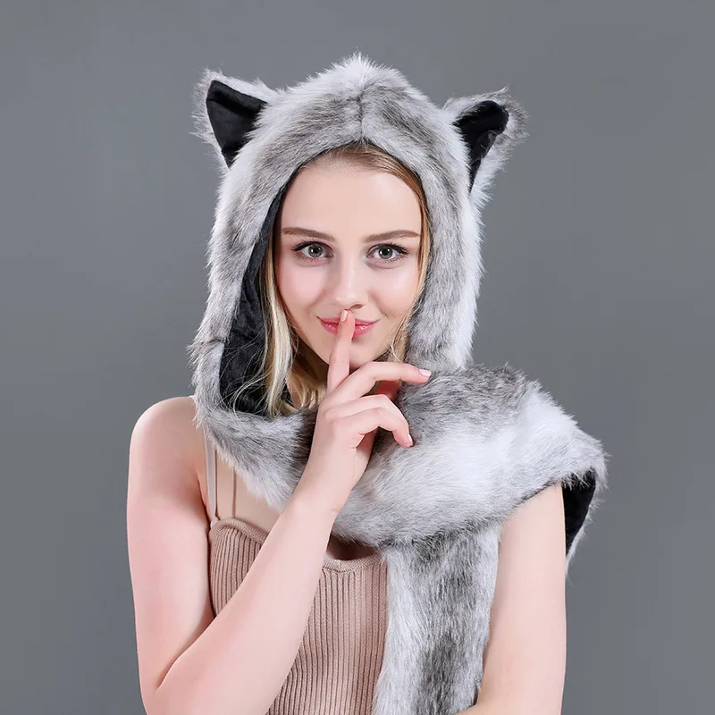 Hot sale winter Europe and America imitation fur hat plush animal cute cartoon scarf gloves one spot NV070 |