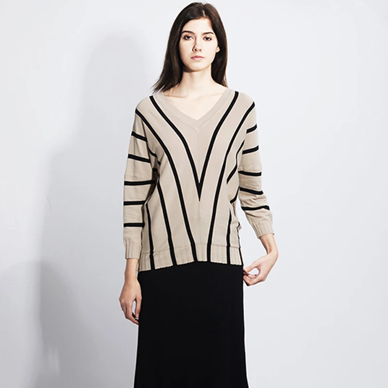 New Fashion Bat Sleeve Sweaters Casual Loose Tops Pull Femme Women Stripe Sweater Autumn Female V-Neck Knitted | Женская одежда