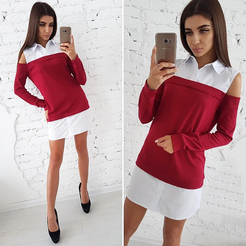 2018 осень поддельные из двух частей модное платье для женщин белая рубашка