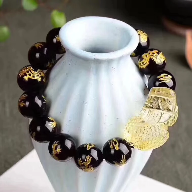 Настоящий натуральный желтый цитрин кварц Pi Xiu драгоценный камень 10 мм черный