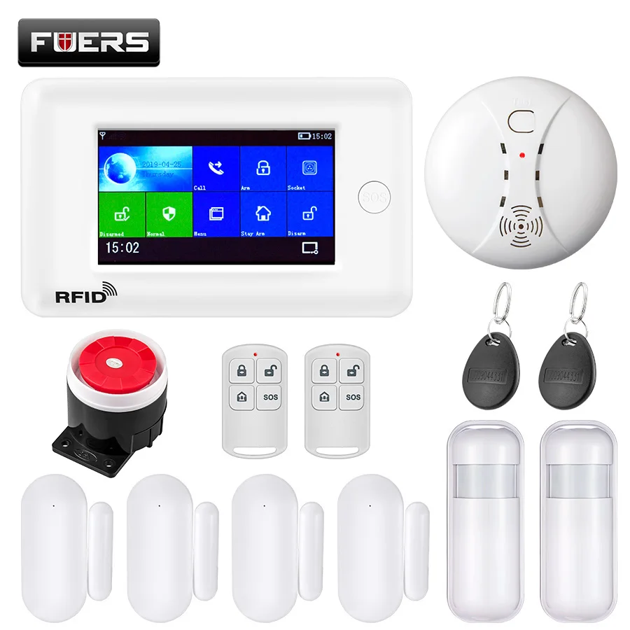 KIT2 FUERS wifi GSM GPRS умная домашняя система охранной сигнализации 4,3 дюймов цветной экран приложение RFID Контроль Детектор дыма PIR детектор движения - Цвет: KIT2