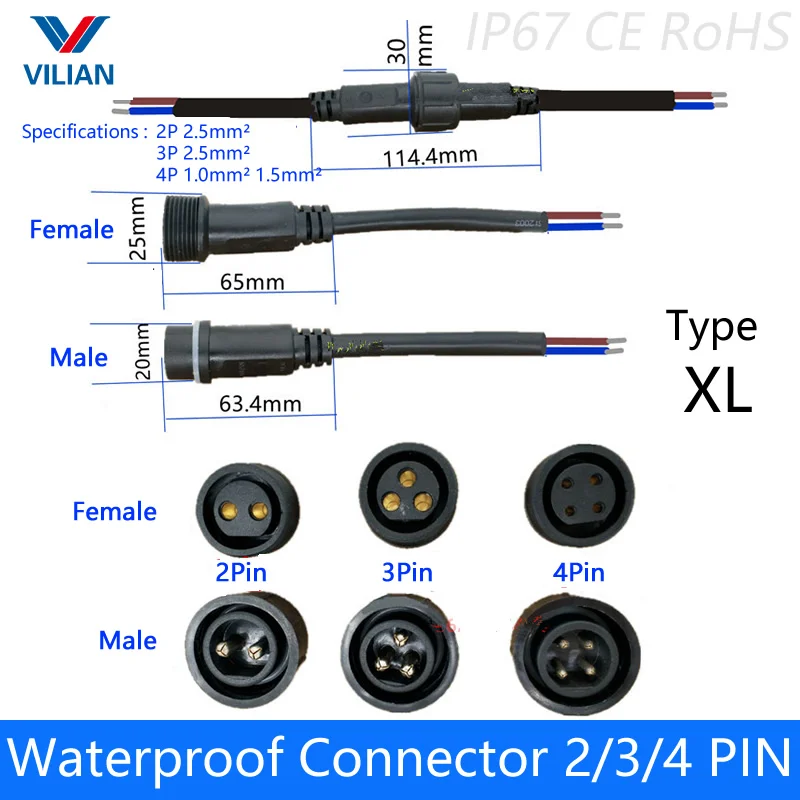 1 пара водонепроницаемый разъем тока 12A 4 pin с проводным кабелем IP67 Женский штекер 5