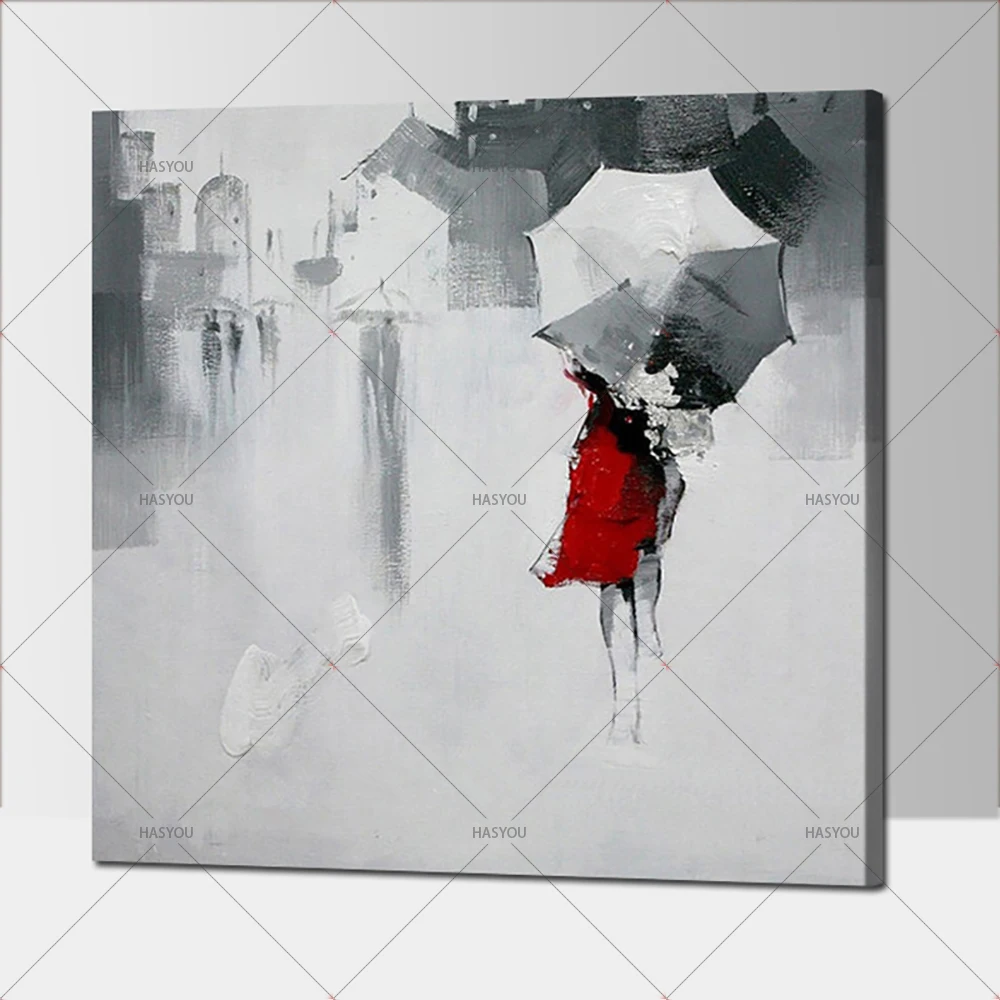Walk girl in red umbrella картина с дождем маслом на холсте украшение для дома гостиной или