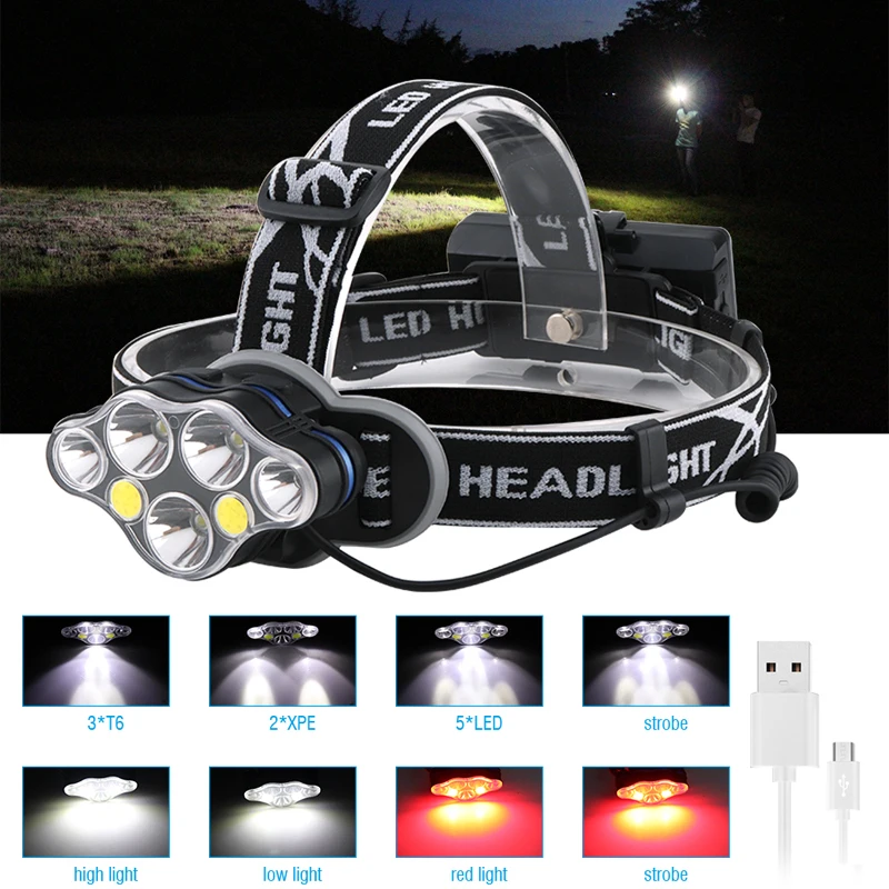Boruit 3 * T6 + 2 XPE COB 7 LED MICRO USB налобный фонарь Головной лампа для верховой езды